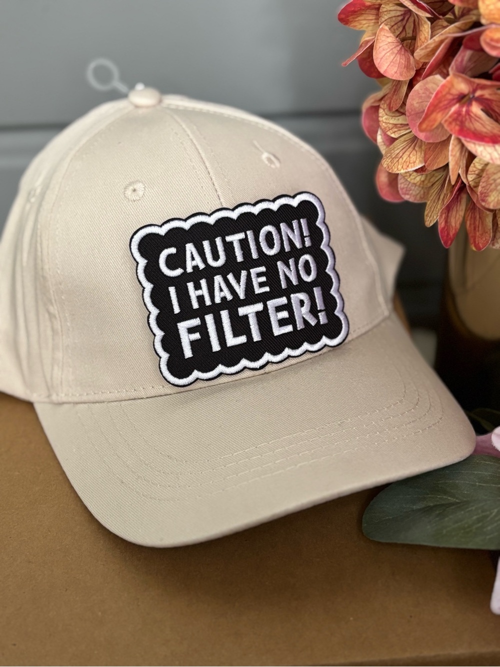 Kids Beige Baseball Cap with 'Caution! I Have No Filter!' Patch